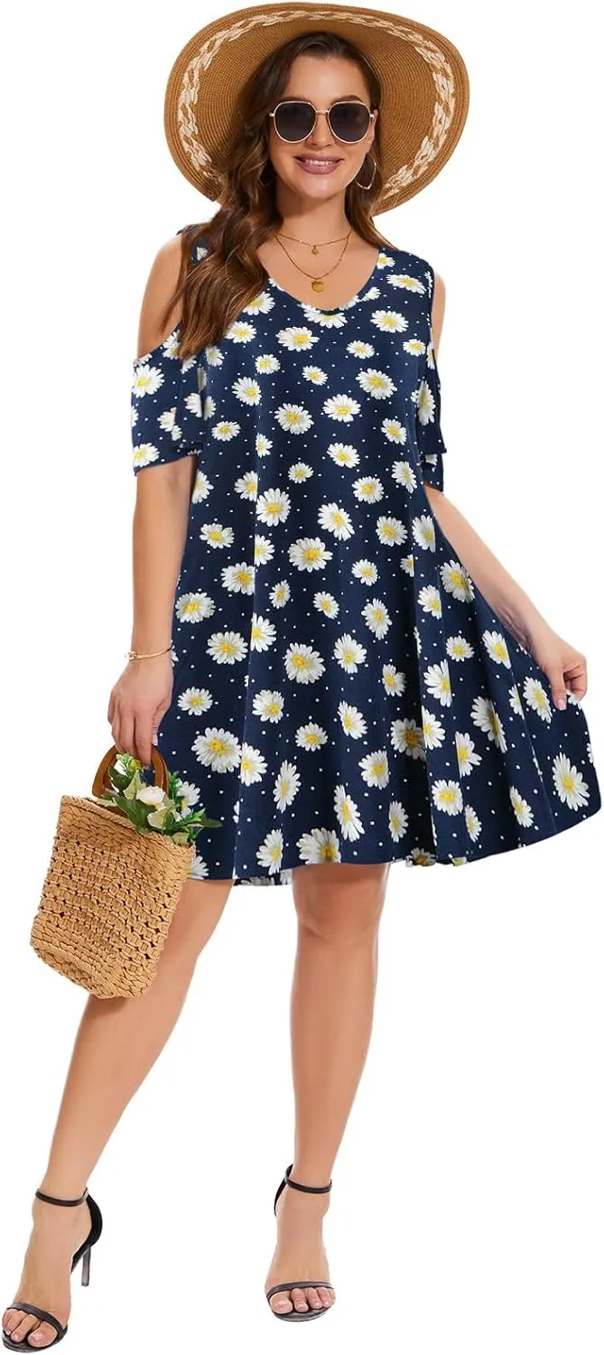 ZENNILO Plus Size Tshirt Dress Cold Shoulder Summer Dresses V Neck Short Sleeve Swing Dress for Women with Pockets
