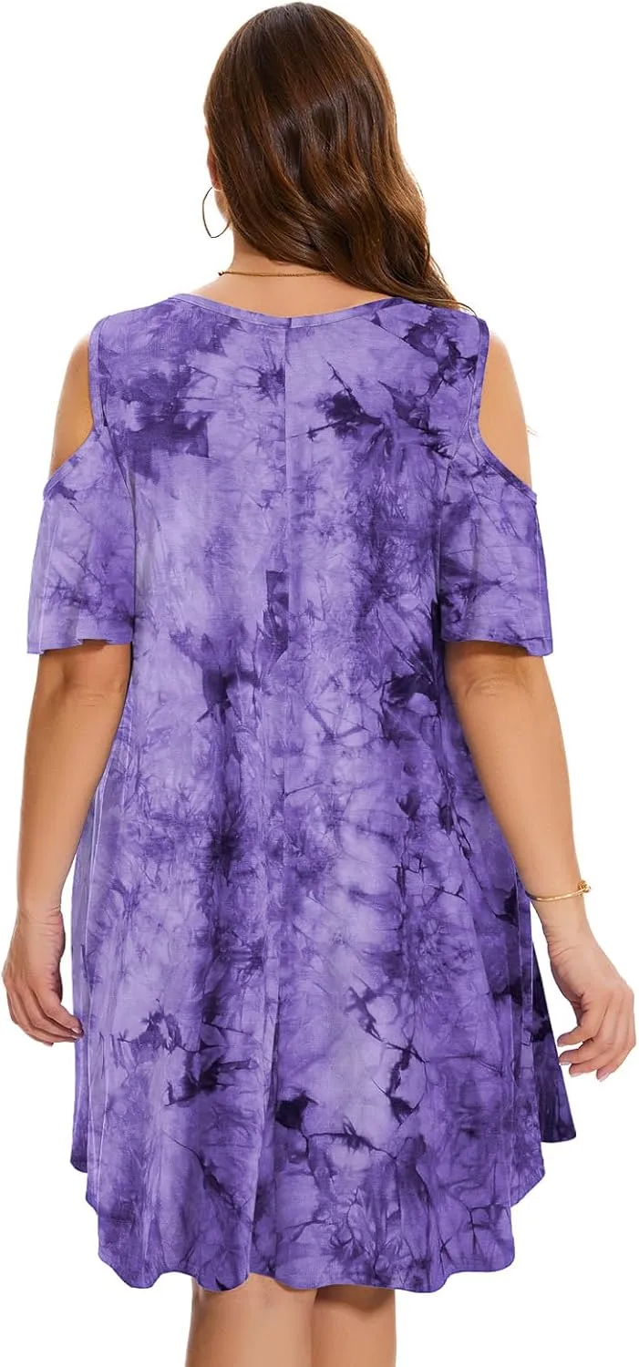 ZENNILO Plus Size Tshirt Dress Cold Shoulder Summer Dresses V Neck Short Sleeve Swing Dress for Women with Pockets