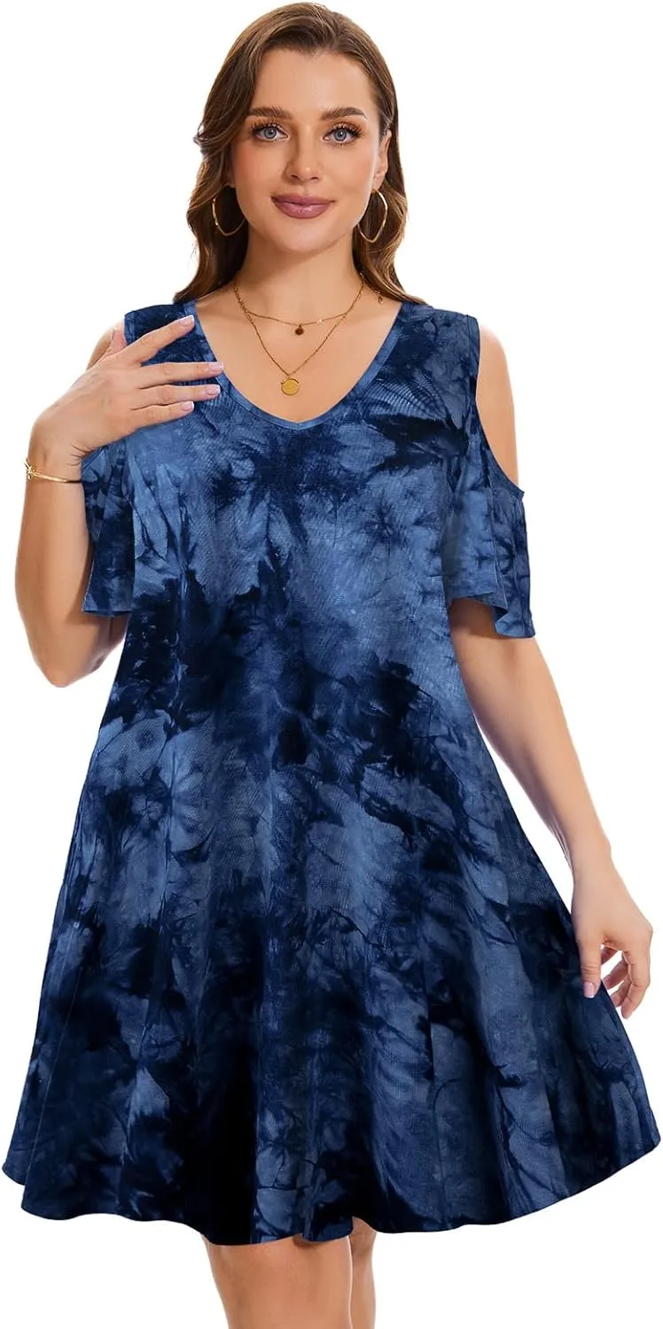 ZENNILO Plus Size Tshirt Dress Cold Shoulder Summer Dresses V Neck Short Sleeve Swing Dress for Women with Pockets