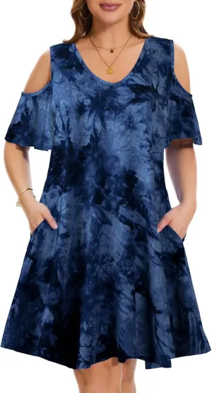 ZENNILO Plus Size Tshirt Dress Cold Shoulder Summer Dresses V Neck Short Sleeve Swing Dress for Women with Pockets