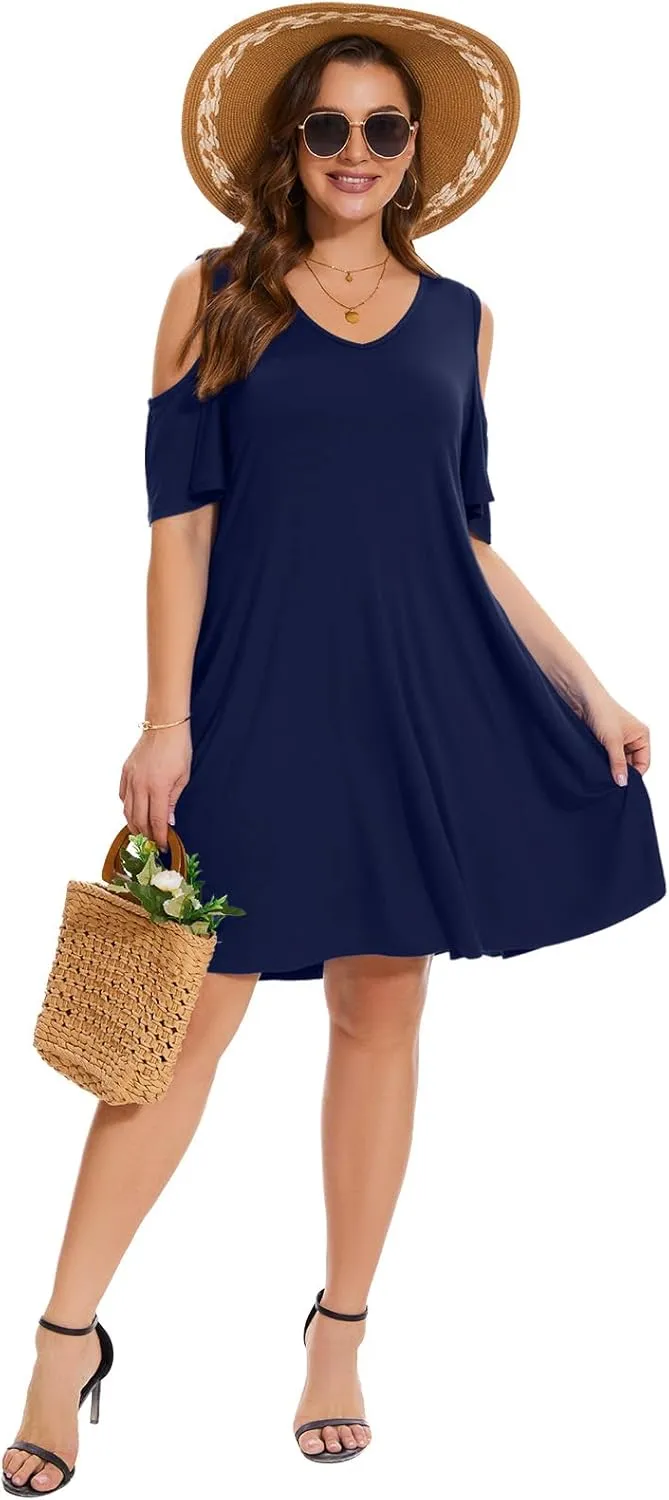 ZENNILO Plus Size Tshirt Dress Cold Shoulder Summer Dresses V Neck Short Sleeve Swing Dress for Women with Pockets