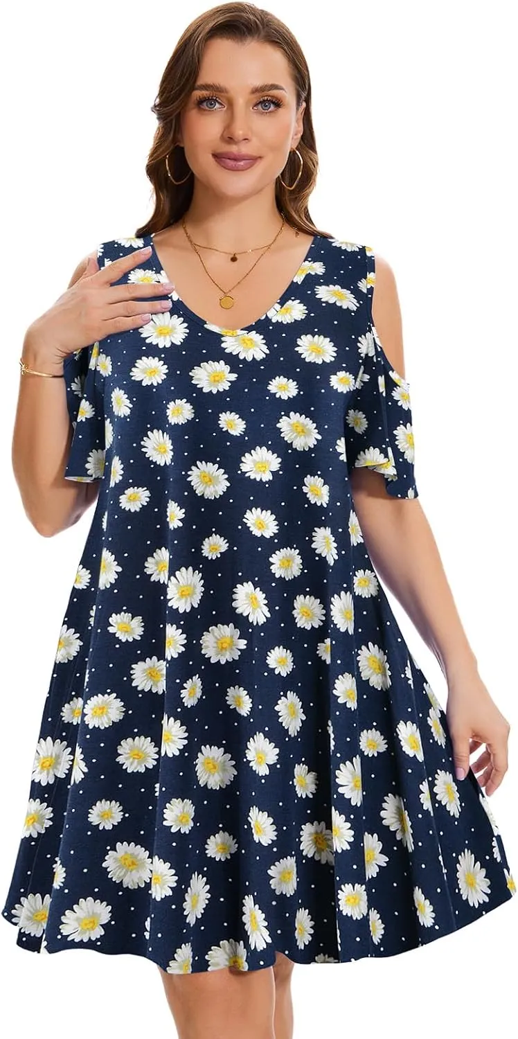 ZENNILO Plus Size Tshirt Dress Cold Shoulder Summer Dresses V Neck Short Sleeve Swing Dress for Women with Pockets