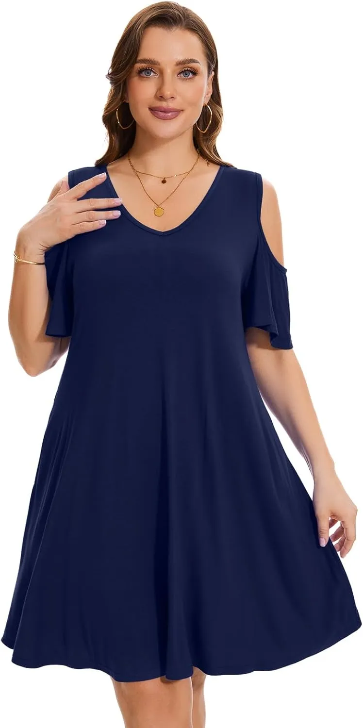 ZENNILO Plus Size Tshirt Dress Cold Shoulder Summer Dresses V Neck Short Sleeve Swing Dress for Women with Pockets