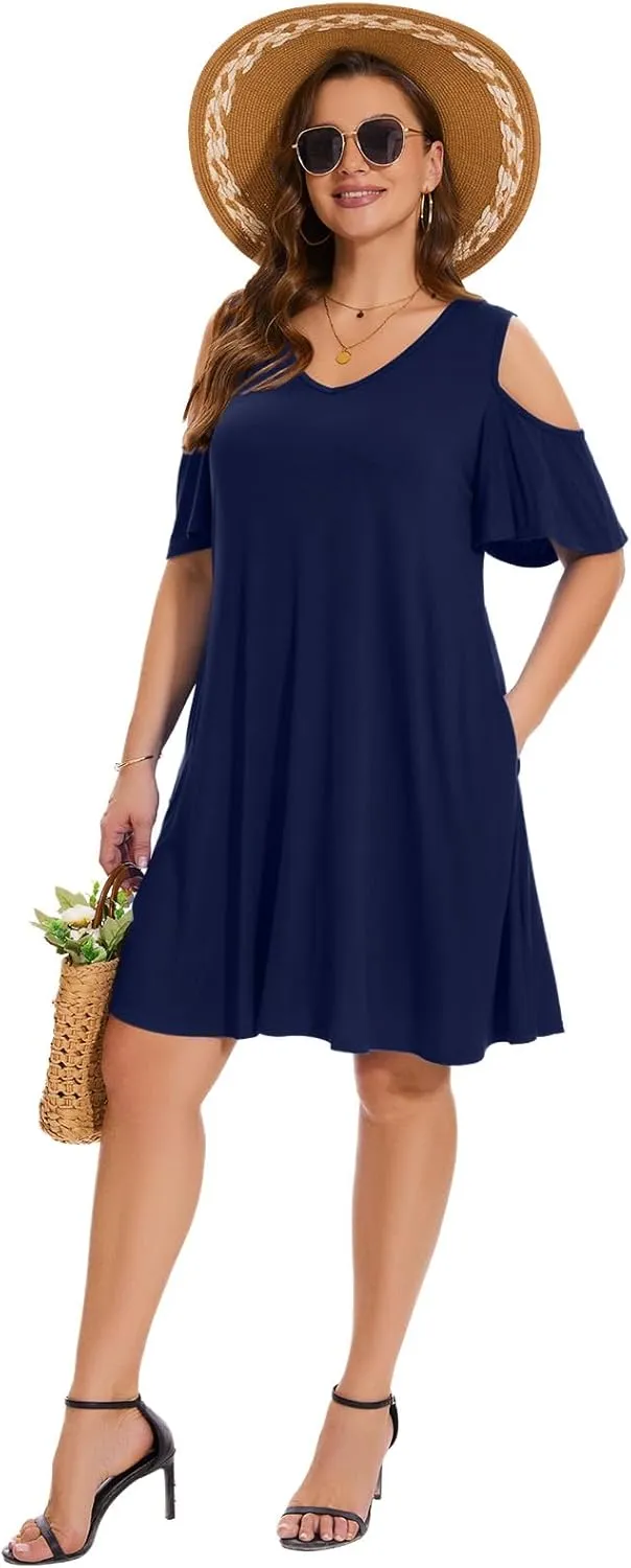 ZENNILO Plus Size Tshirt Dress Cold Shoulder Summer Dresses V Neck Short Sleeve Swing Dress for Women with Pockets