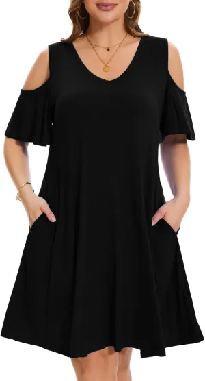 ZENNILO Plus Size Tshirt Dress Cold Shoulder Summer Dresses V Neck Short Sleeve Swing Dress for Women with Pockets
