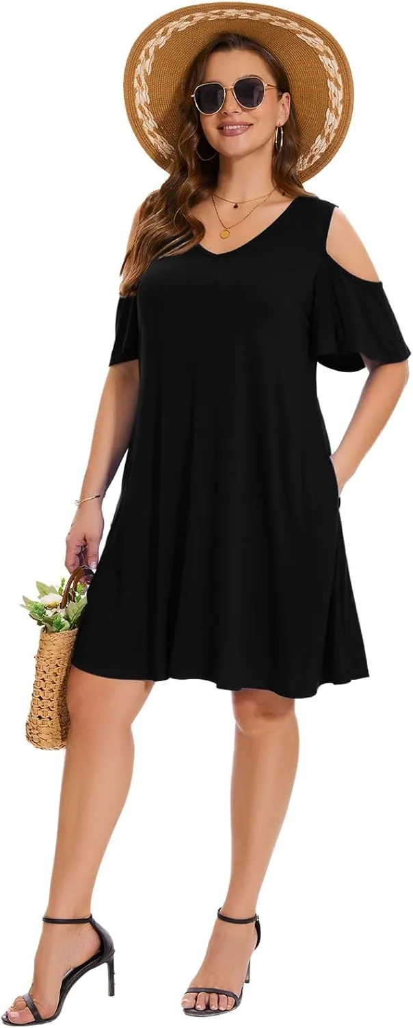ZENNILO Plus Size Tshirt Dress Cold Shoulder Summer Dresses V Neck Short Sleeve Swing Dress for Women with Pockets