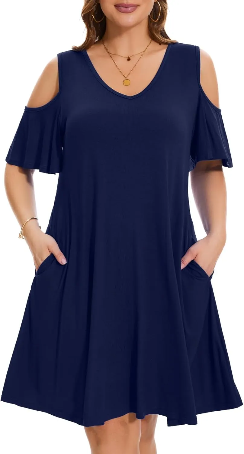 ZENNILO Plus Size Tshirt Dress Cold Shoulder Summer Dresses V Neck Short Sleeve Swing Dress for Women with Pockets
