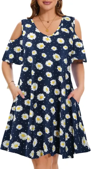 ZENNILO Plus Size Tshirt Dress Cold Shoulder Summer Dresses V Neck Short Sleeve Swing Dress for Women with Pockets