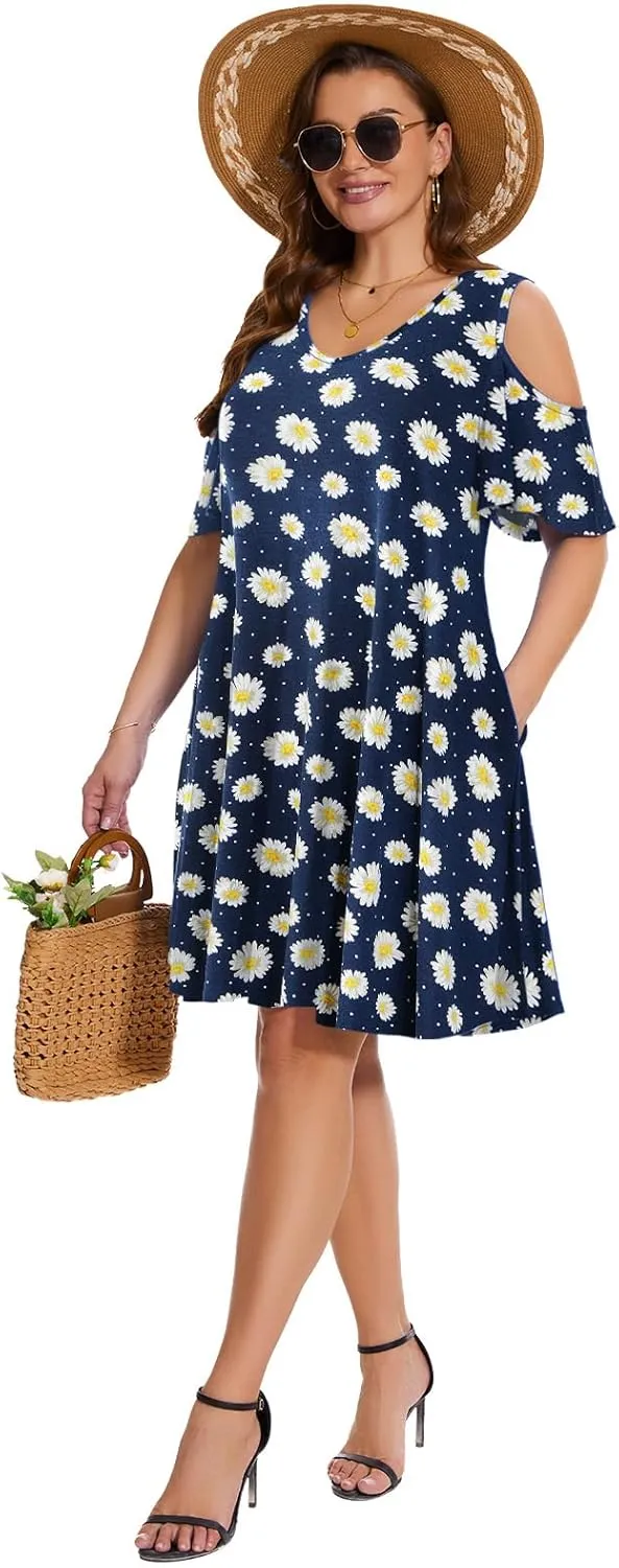 ZENNILO Plus Size Tshirt Dress Cold Shoulder Summer Dresses V Neck Short Sleeve Swing Dress for Women with Pockets