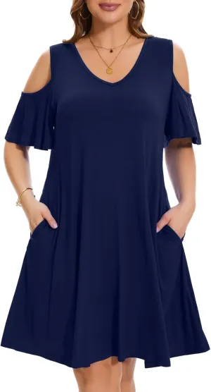 ZENNILO Plus Size Tshirt Dress Cold Shoulder Summer Dresses V Neck Short Sleeve Swing Dress for Women with Pockets