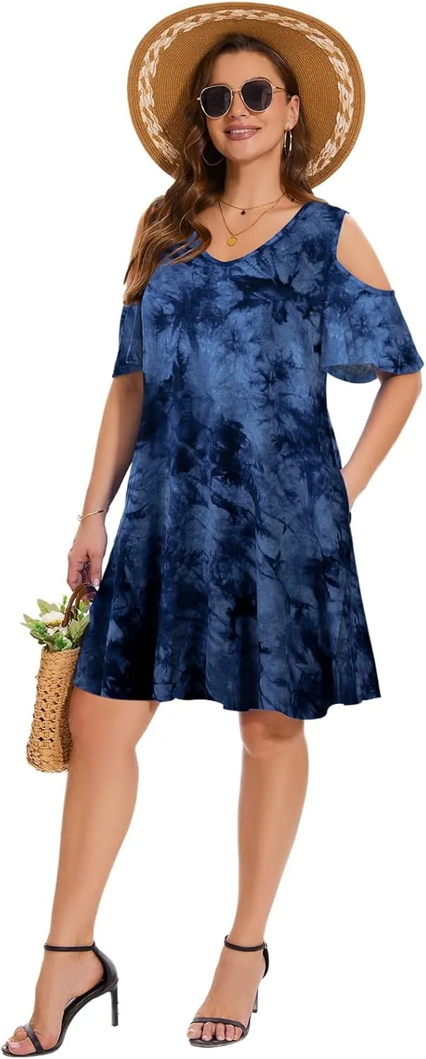 ZENNILO Plus Size Tshirt Dress Cold Shoulder Summer Dresses V Neck Short Sleeve Swing Dress for Women with Pockets