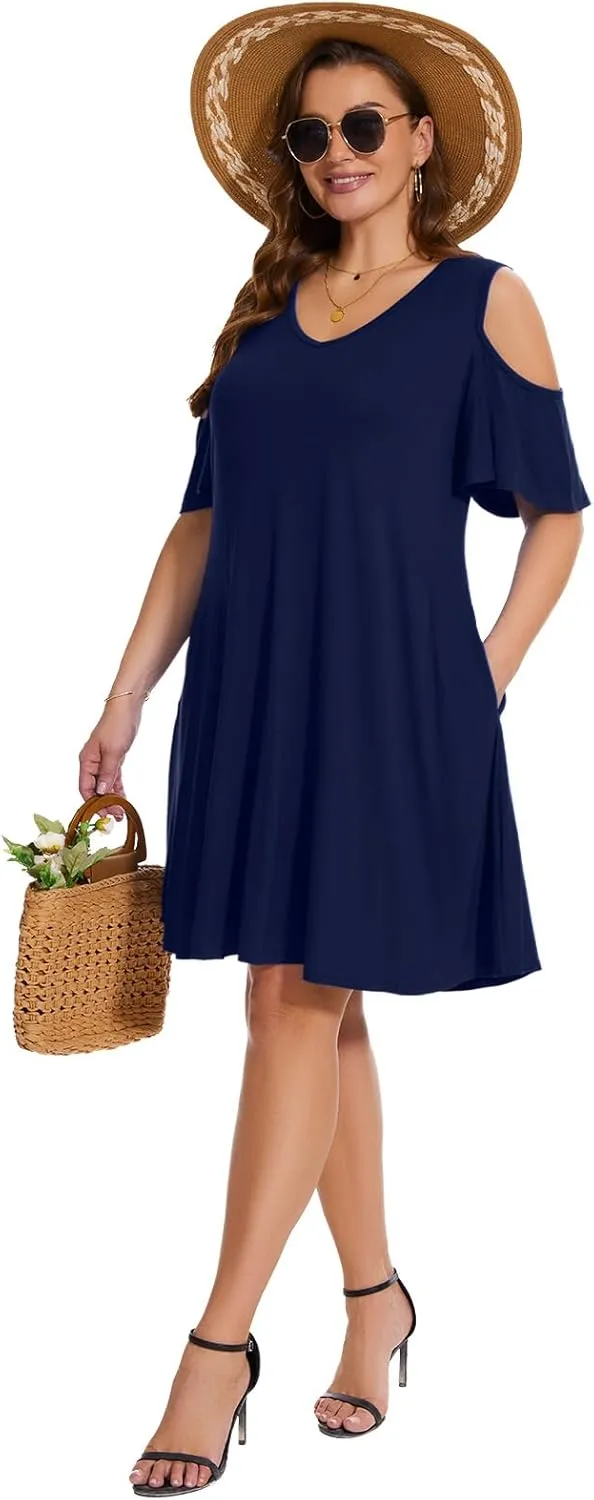 ZENNILO Plus Size Tshirt Dress Cold Shoulder Summer Dresses V Neck Short Sleeve Swing Dress for Women with Pockets