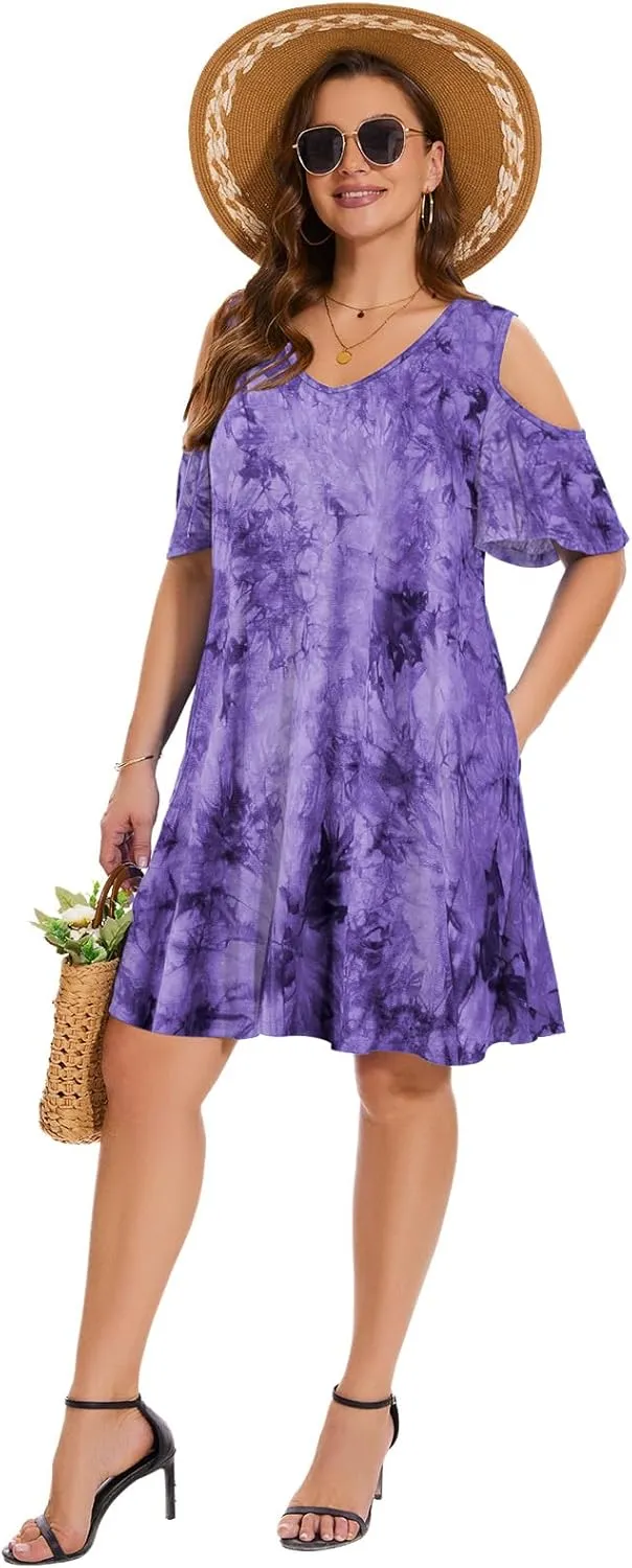 ZENNILO Plus Size Tshirt Dress Cold Shoulder Summer Dresses V Neck Short Sleeve Swing Dress for Women with Pockets