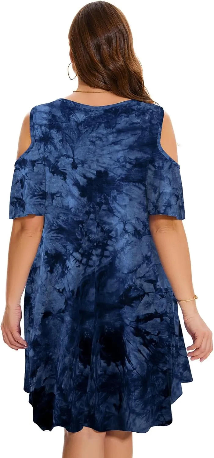 ZENNILO Plus Size Tshirt Dress Cold Shoulder Summer Dresses V Neck Short Sleeve Swing Dress for Women with Pockets