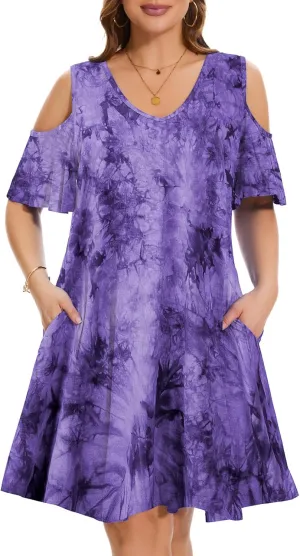ZENNILO Plus Size Tshirt Dress Cold Shoulder Summer Dresses V Neck Short Sleeve Swing Dress for Women with Pockets
