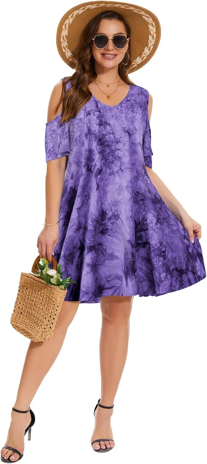 ZENNILO Plus Size Tshirt Dress Cold Shoulder Summer Dresses V Neck Short Sleeve Swing Dress for Women with Pockets