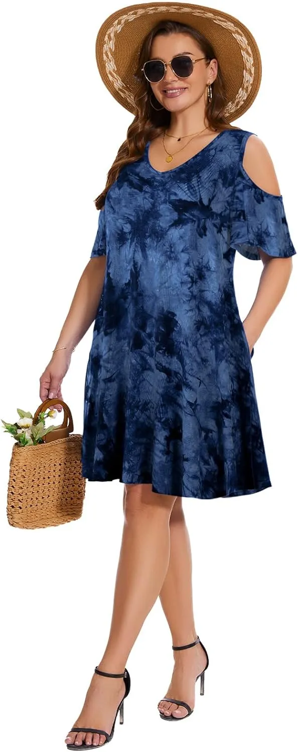 ZENNILO Plus Size Tshirt Dress Cold Shoulder Summer Dresses V Neck Short Sleeve Swing Dress for Women with Pockets