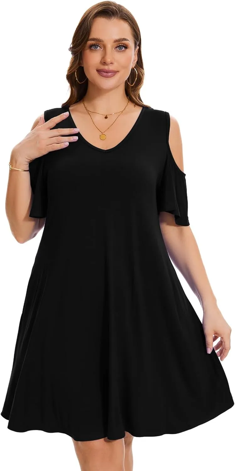 ZENNILO Plus Size Tshirt Dress Cold Shoulder Summer Dresses V Neck Short Sleeve Swing Dress for Women with Pockets