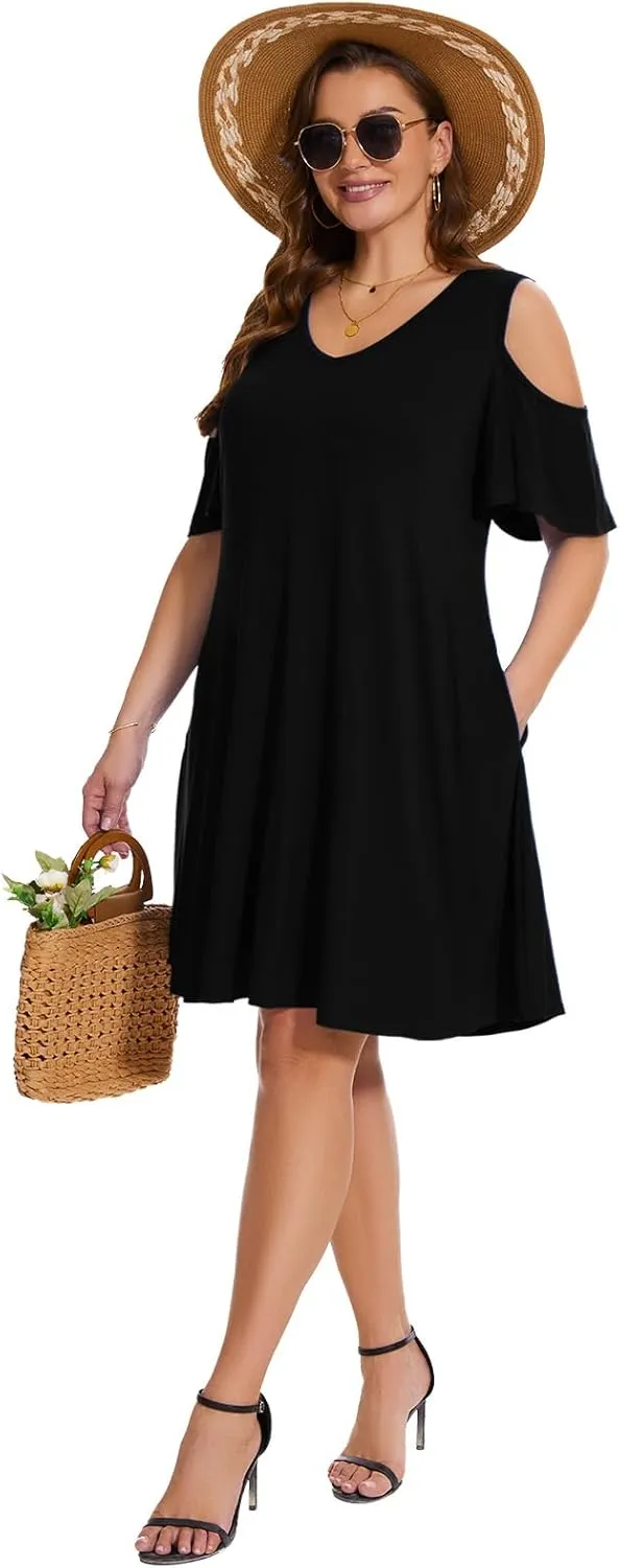 ZENNILO Plus Size Tshirt Dress Cold Shoulder Summer Dresses V Neck Short Sleeve Swing Dress for Women with Pockets