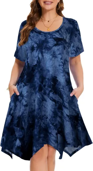 ZENNILO Plus Size Tshirt Dress with Pockets Casual Summer Dresses Crew Neck Short Sleeve Swing Dress for Women
