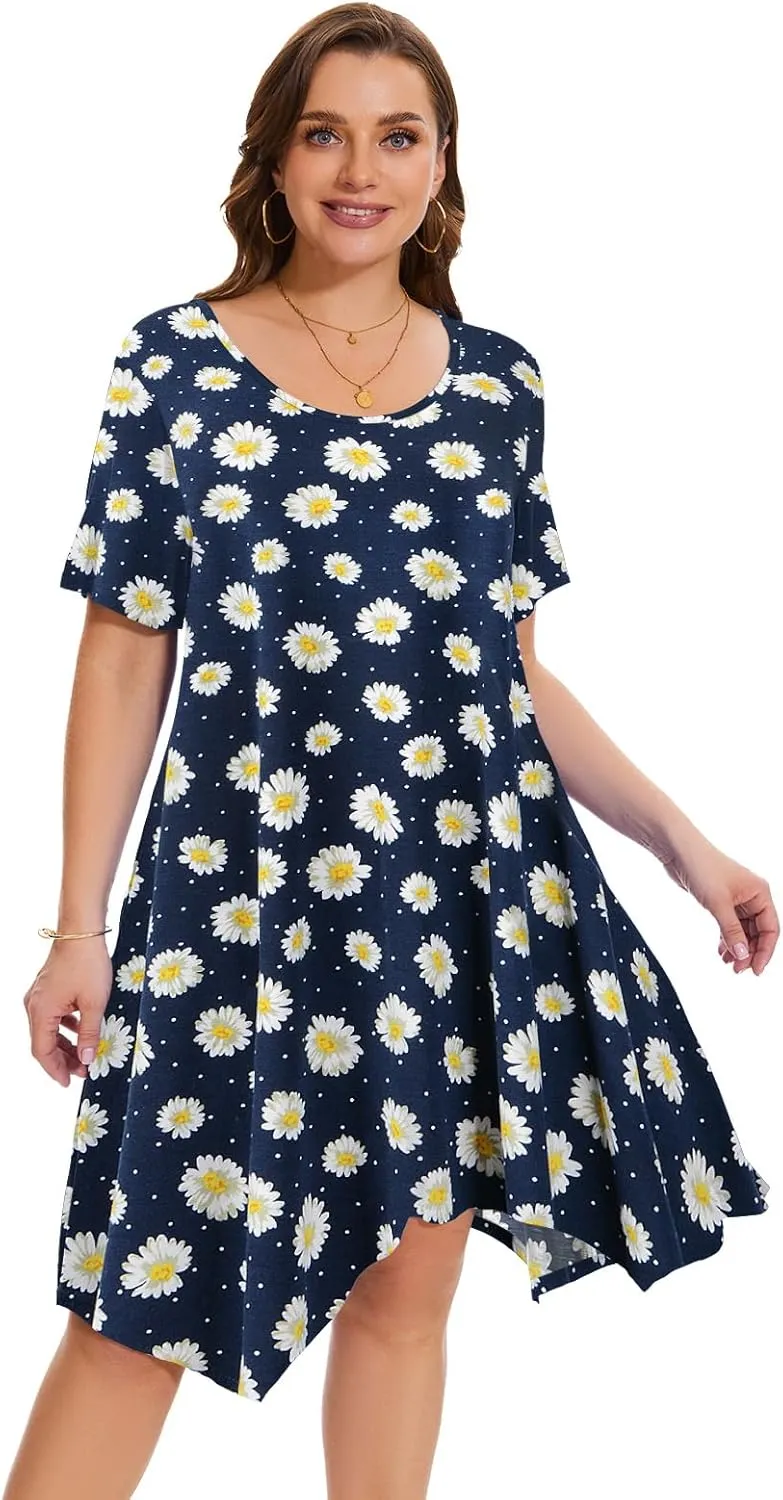 ZENNILO Plus Size Tshirt Dress with Pockets Casual Summer Dresses Crew Neck Short Sleeve Swing Dress for Women
