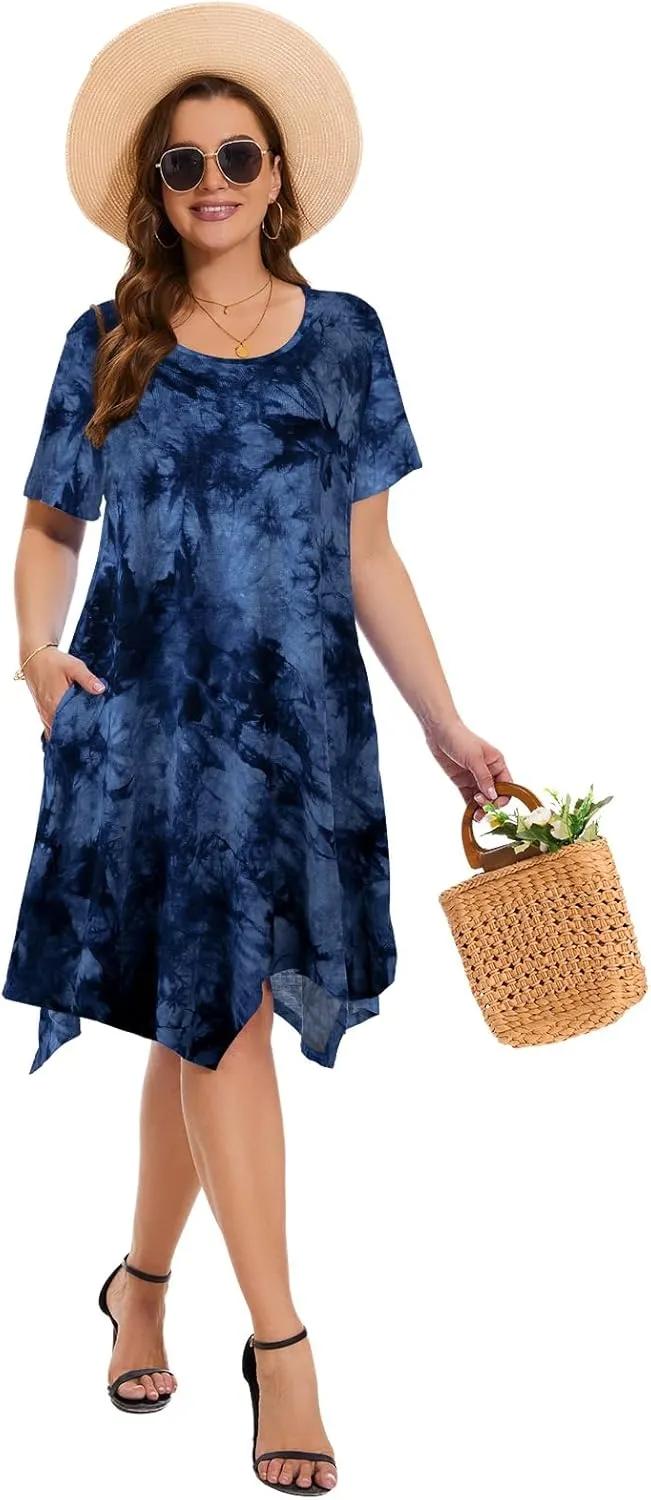 ZENNILO Plus Size Tshirt Dress with Pockets Casual Summer Dresses Crew Neck Short Sleeve Swing Dress for Women