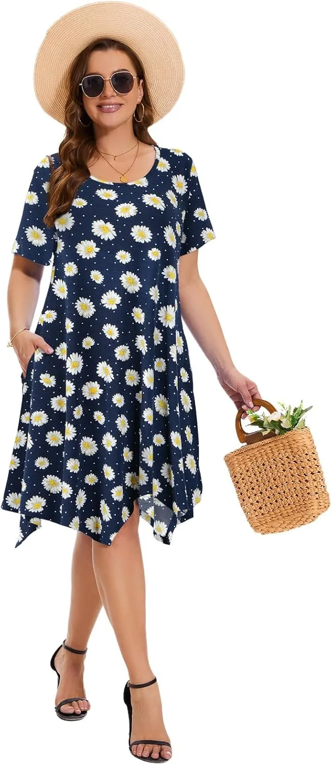 ZENNILO Plus Size Tshirt Dress with Pockets Casual Summer Dresses Crew Neck Short Sleeve Swing Dress for Women