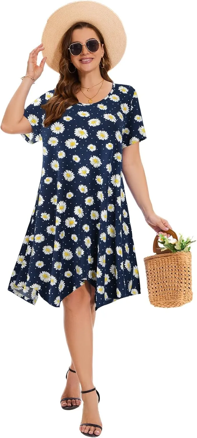 ZENNILO Plus Size Tshirt Dress with Pockets Casual Summer Dresses Crew Neck Short Sleeve Swing Dress for Women