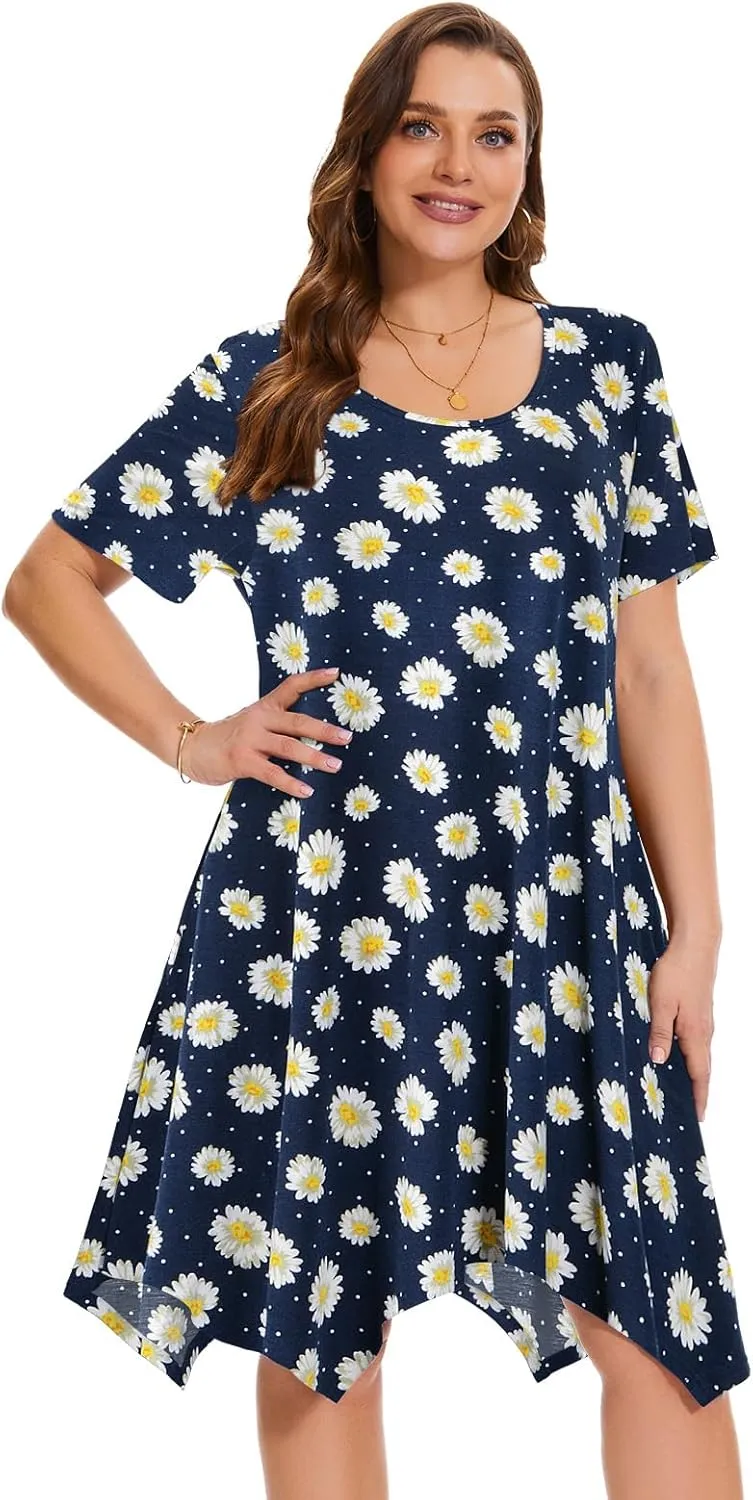 ZENNILO Plus Size Tshirt Dress with Pockets Casual Summer Dresses Crew Neck Short Sleeve Swing Dress for Women