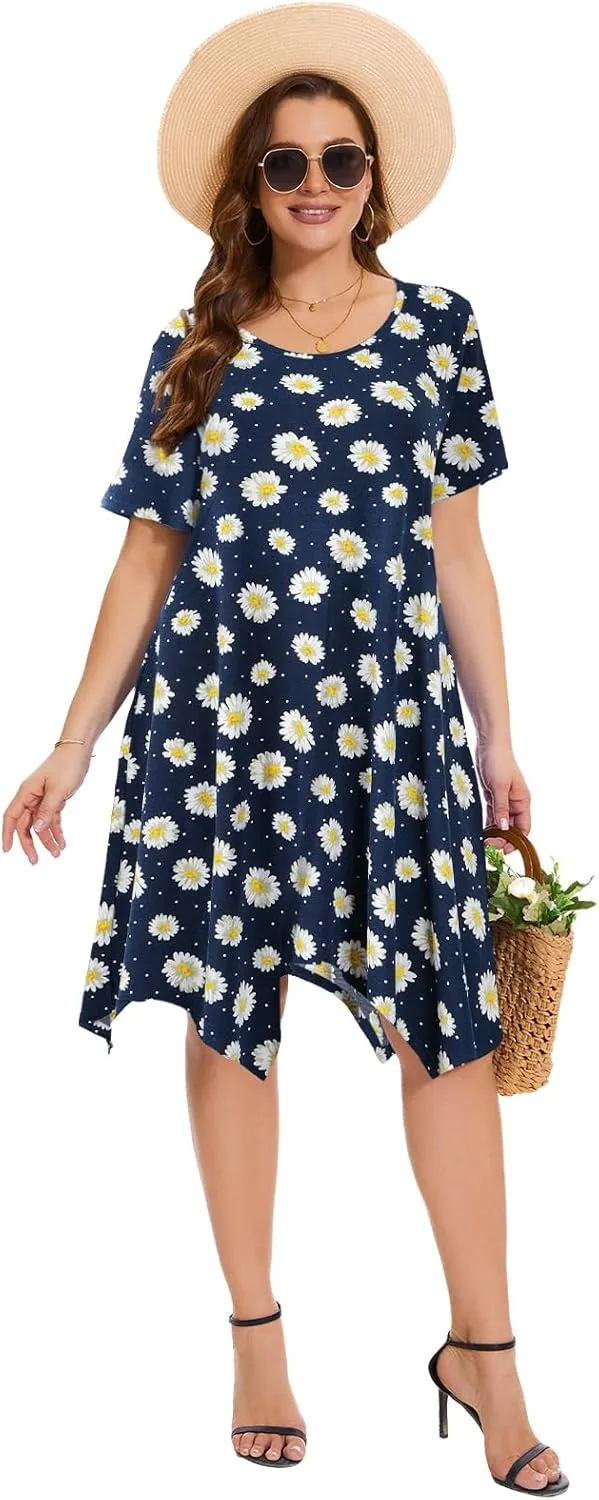 ZENNILO Plus Size Tshirt Dress with Pockets Casual Summer Dresses Crew Neck Short Sleeve Swing Dress for Women