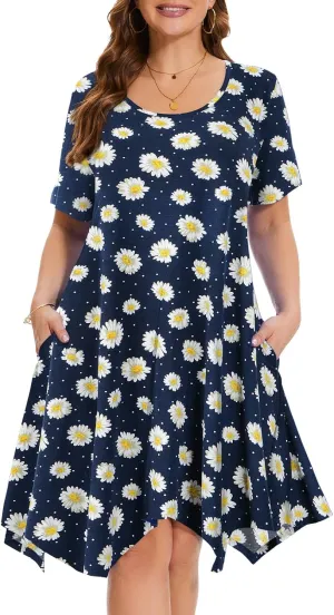ZENNILO Plus Size Tshirt Dress with Pockets Casual Summer Dresses Crew Neck Short Sleeve Swing Dress for Women