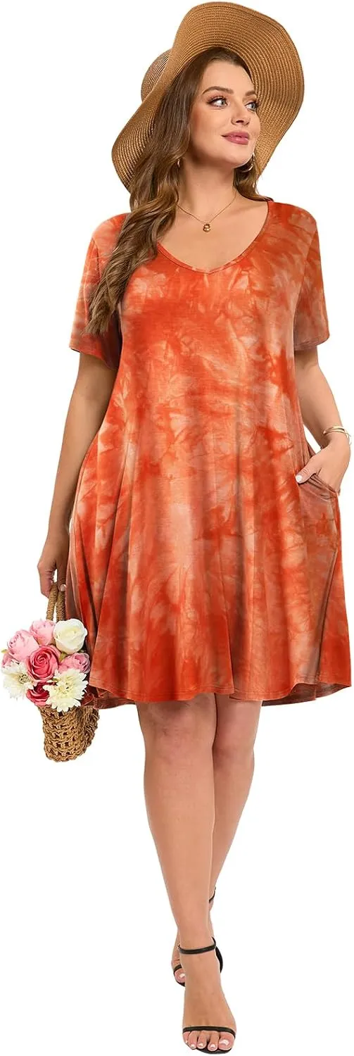 ZENNILO Women's Plus Size Swing Dress with Pockets Casual Summer Dresses V Neck Short Sleeve T Shirt Dress for Women
