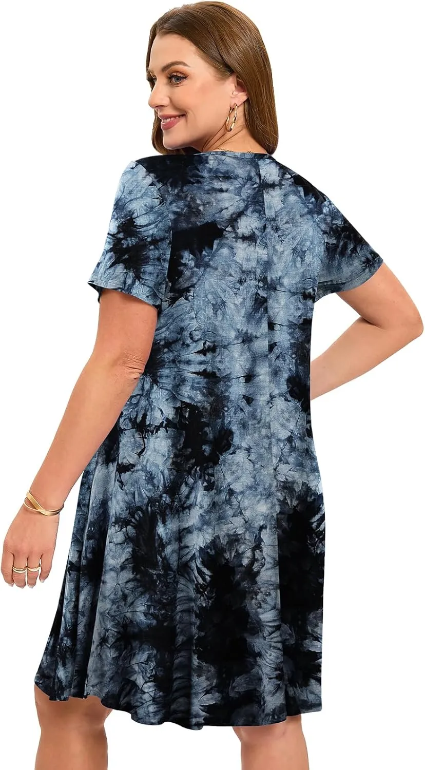 ZENNILO Women's Plus Size Swing Dress with Pockets Casual Summer Dresses V Neck Short Sleeve T Shirt Dress for Women