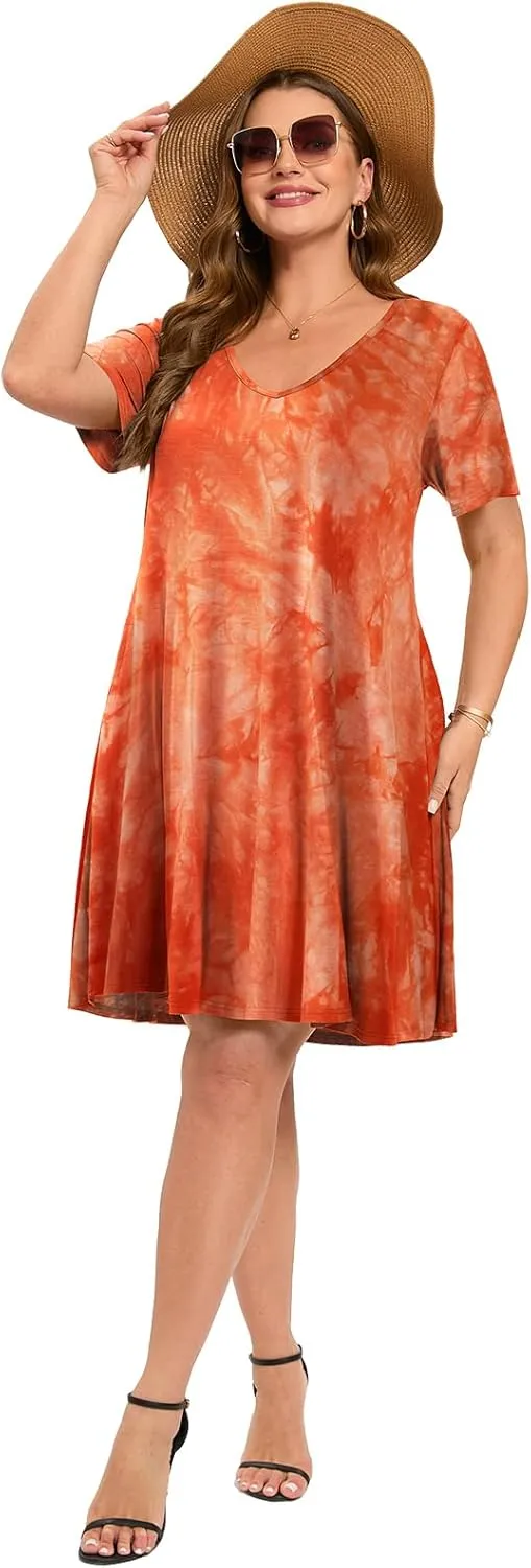 ZENNILO Women's Plus Size Swing Dress with Pockets Casual Summer Dresses V Neck Short Sleeve T Shirt Dress for Women