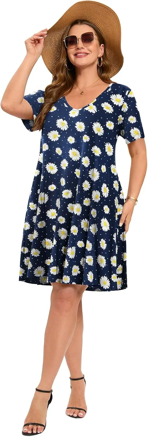 ZENNILO Women's Plus Size Swing Dress with Pockets Casual Summer Dresses V Neck Short Sleeve T Shirt Dress for Women