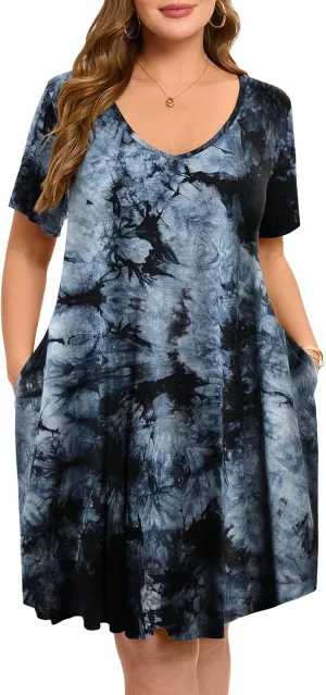 ZENNILO Women's Plus Size Swing Dress with Pockets Casual Summer Dresses V Neck Short Sleeve T Shirt Dress for Women