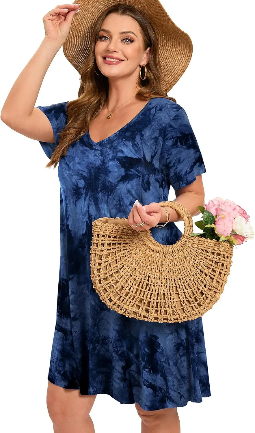 ZENNILO Women's Plus Size Swing Dress with Pockets Casual Summer Dresses V Neck Short Sleeve T Shirt Dress for Women