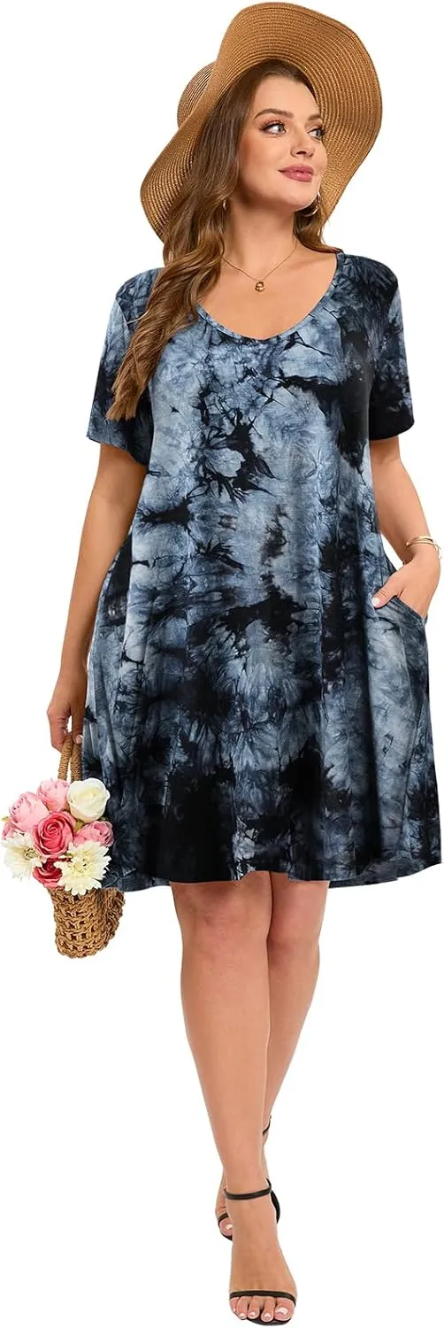 ZENNILO Women's Plus Size Swing Dress with Pockets Casual Summer Dresses V Neck Short Sleeve T Shirt Dress for Women