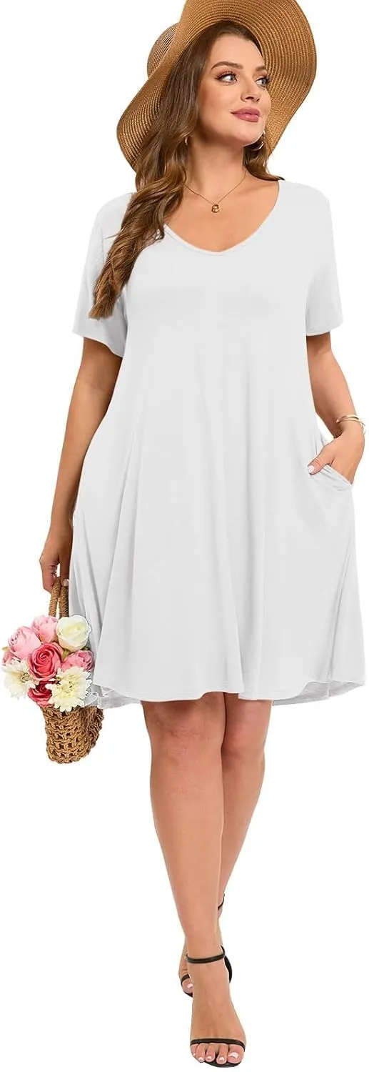 ZENNILO Women's Plus Size Swing Dress with Pockets Casual Summer Dresses V Neck Short Sleeve T Shirt Dress for Women