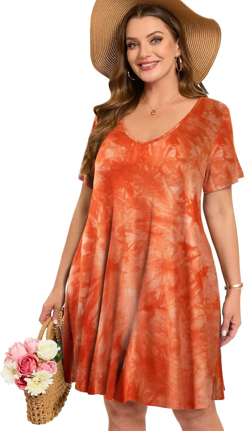 ZENNILO Women's Plus Size Swing Dress with Pockets Casual Summer Dresses V Neck Short Sleeve T Shirt Dress for Women