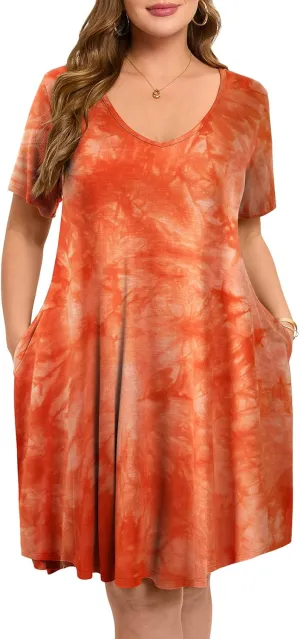 ZENNILO Women's Plus Size Swing Dress with Pockets Casual Summer Dresses V Neck Short Sleeve T Shirt Dress for Women