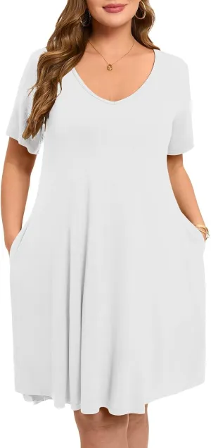 ZENNILO Women's Plus Size Swing Dress with Pockets Casual Summer Dresses V Neck Short Sleeve T Shirt Dress for Women
