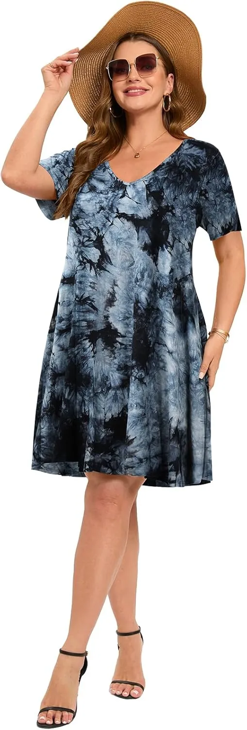 ZENNILO Women's Plus Size Swing Dress with Pockets Casual Summer Dresses V Neck Short Sleeve T Shirt Dress for Women