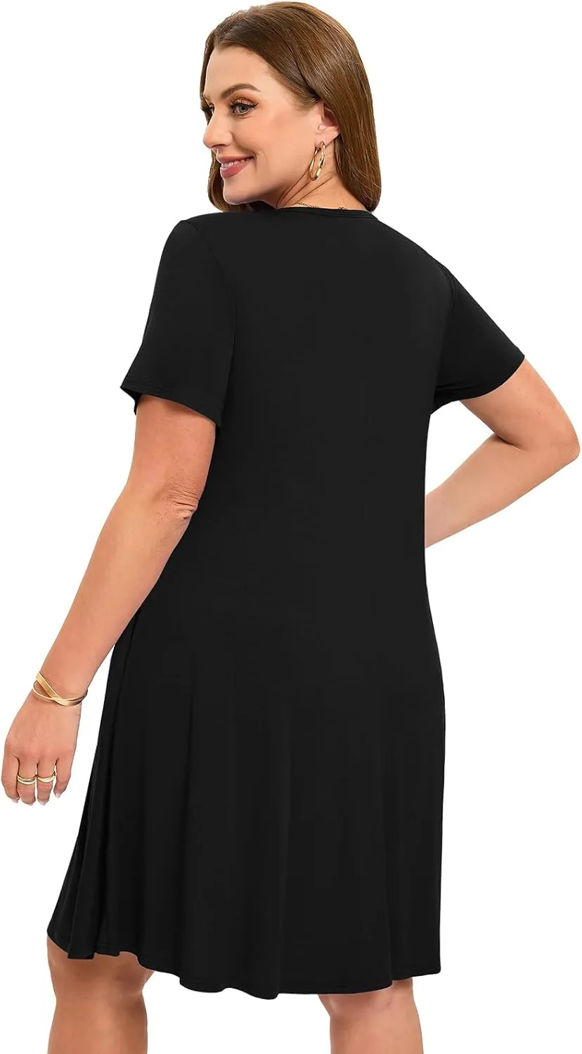 ZENNILO Women's Plus Size Swing Dress with Pockets Casual Summer Dresses V Neck Short Sleeve T Shirt Dress for Women
