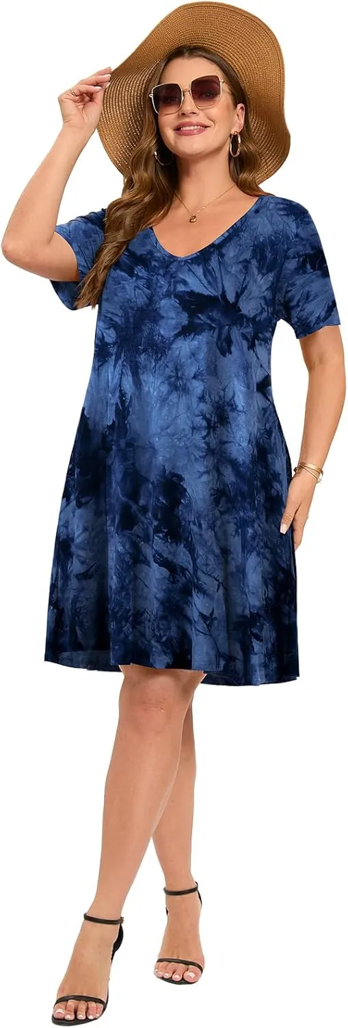 ZENNILO Women's Plus Size Swing Dress with Pockets Casual Summer Dresses V Neck Short Sleeve T Shirt Dress for Women