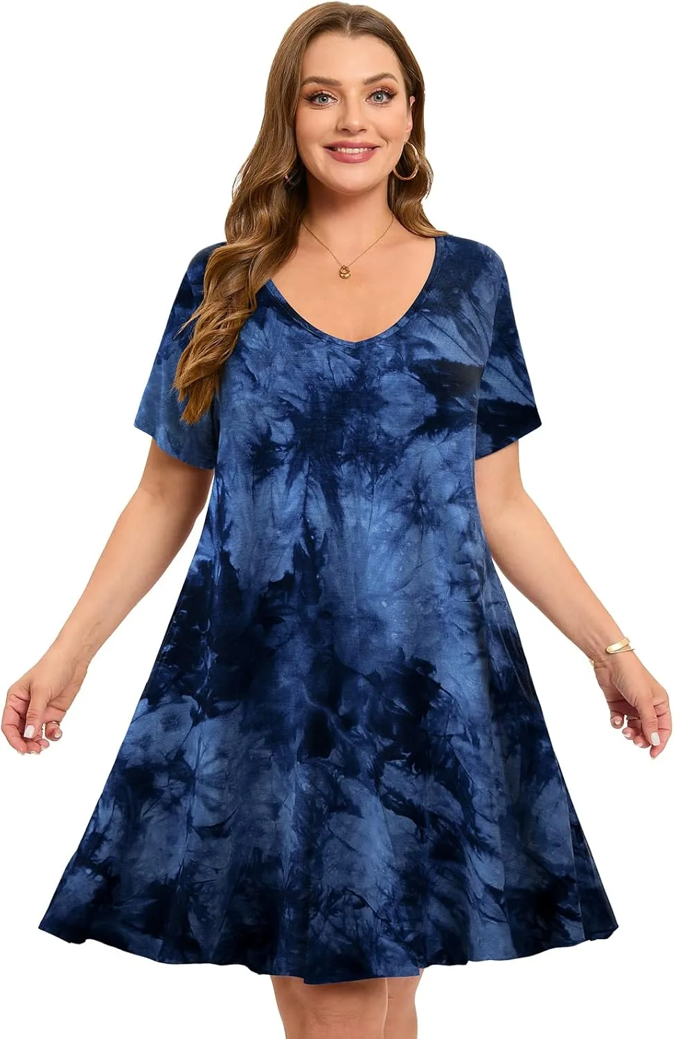 ZENNILO Women's Plus Size Swing Dress with Pockets Casual Summer Dresses V Neck Short Sleeve T Shirt Dress for Women