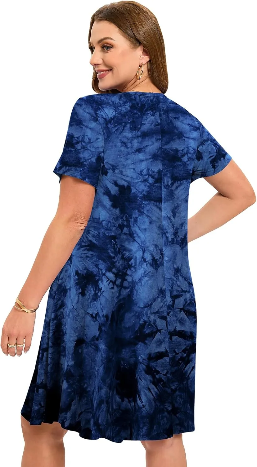 ZENNILO Women's Plus Size Swing Dress with Pockets Casual Summer Dresses V Neck Short Sleeve T Shirt Dress for Women