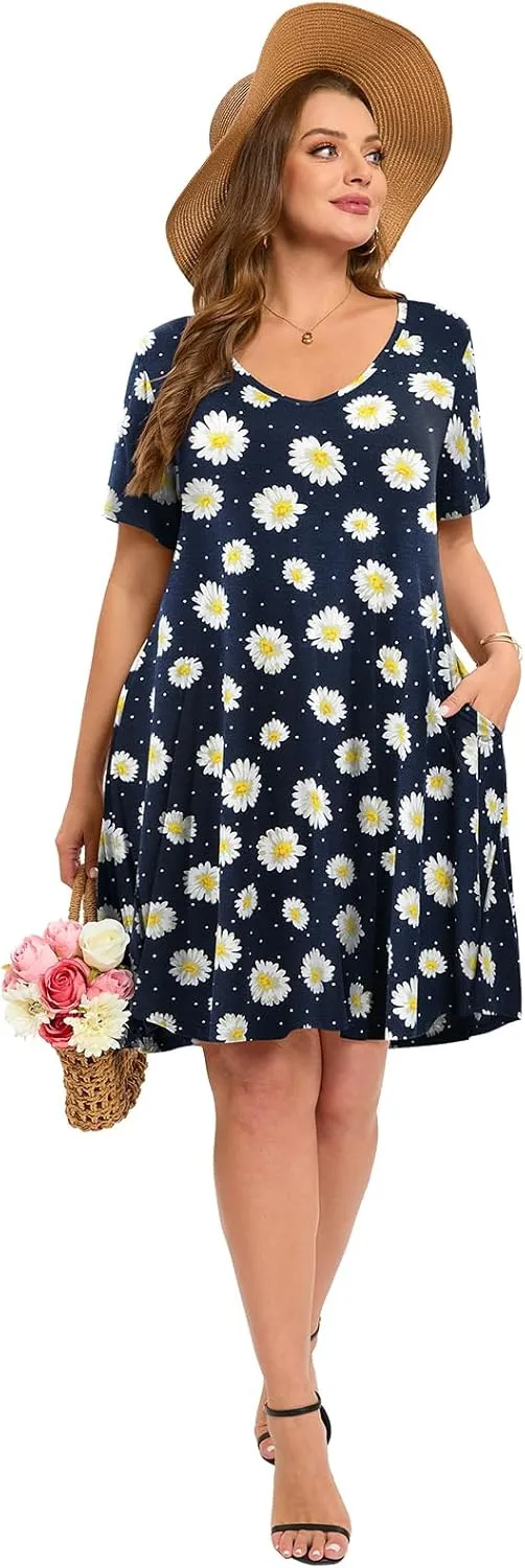 ZENNILO Women's Plus Size Swing Dress with Pockets Casual Summer Dresses V Neck Short Sleeve T Shirt Dress for Women