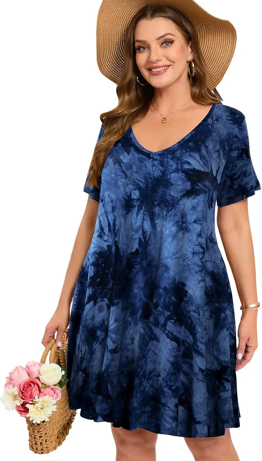 ZENNILO Women's Plus Size Swing Dress with Pockets Casual Summer Dresses V Neck Short Sleeve T Shirt Dress for Women