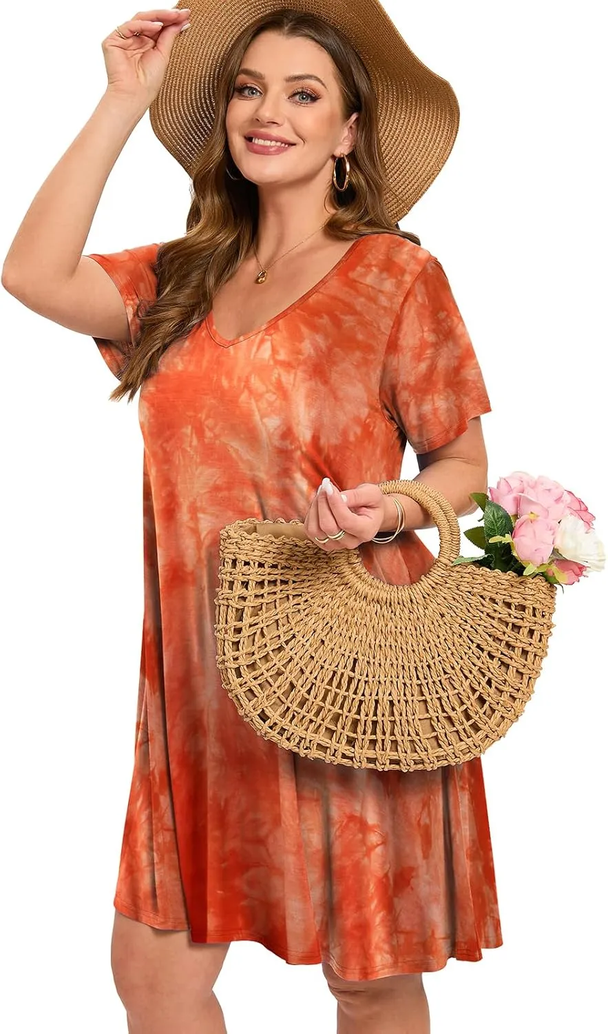 ZENNILO Women's Plus Size Swing Dress with Pockets Casual Summer Dresses V Neck Short Sleeve T Shirt Dress for Women
